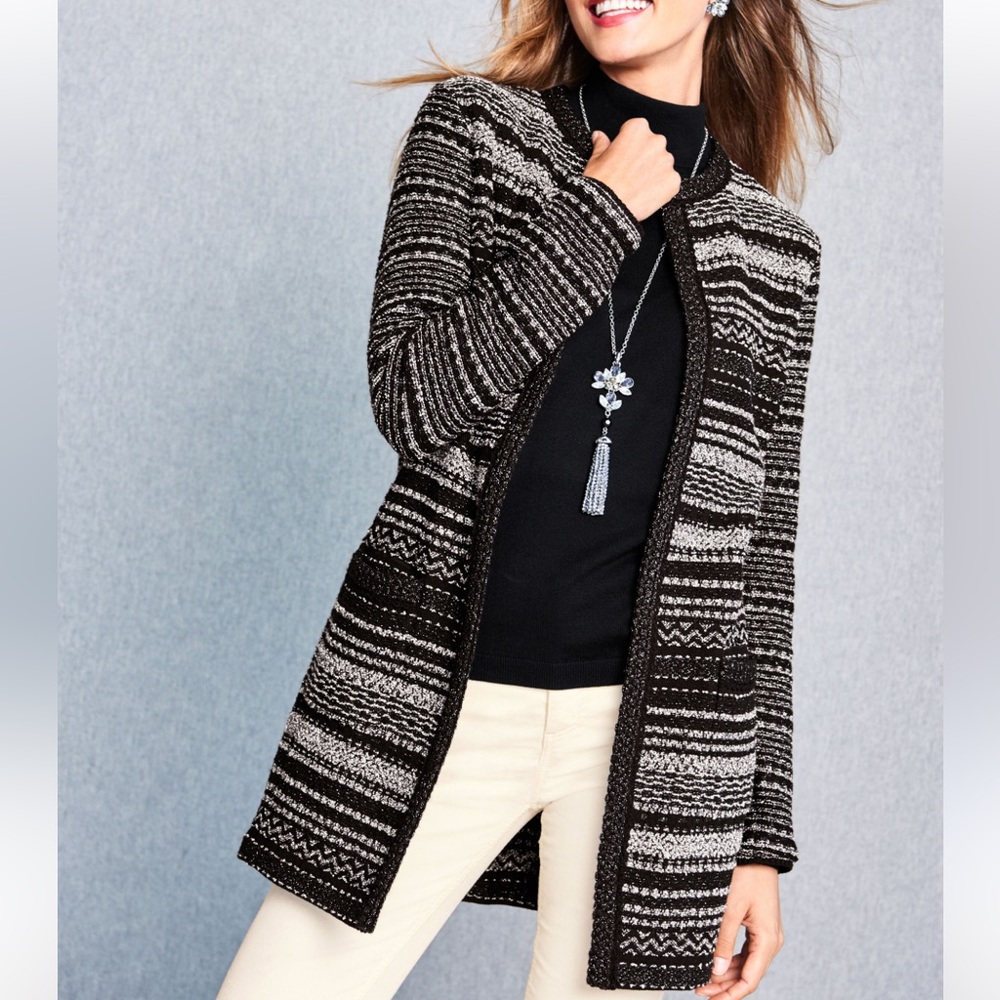 Talbots Black & Metallic Silver Heavy Knit Striped Duster Cardigan Size Large